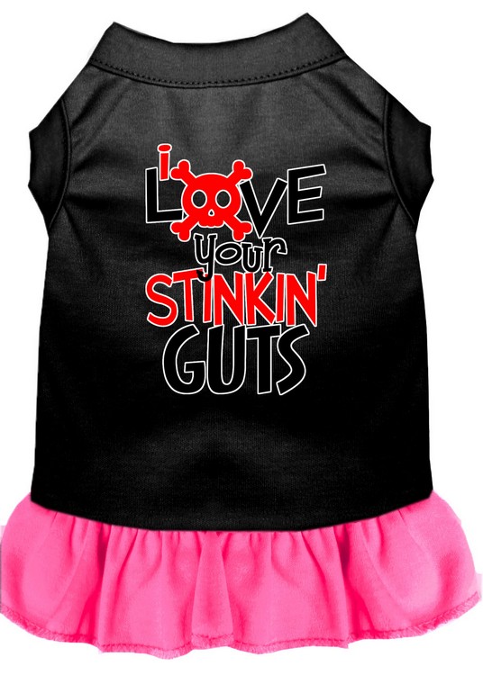 Love your Stinkin Guts Screen Print Dog Dress Black with Bright Pink Sm